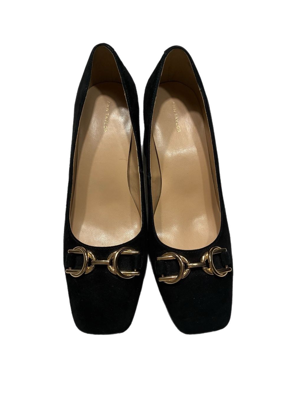 Ann Taylor Black Suede Flats with Gold Horsebit Detail Size 9 Women’s